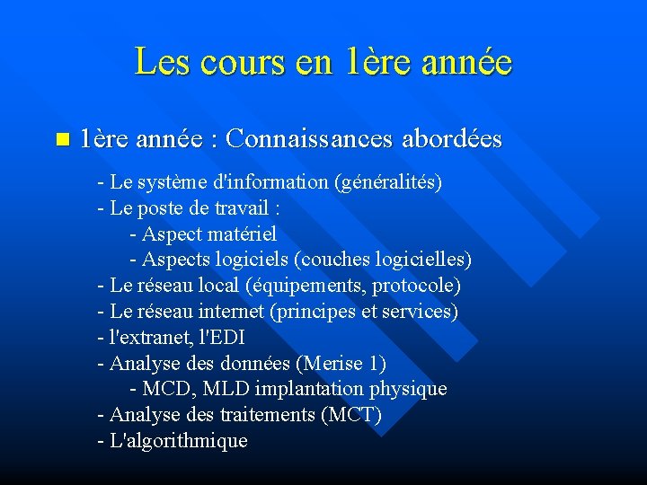 Les cours en 1ère année : Connaissances abordées - Le système d'information (généralités) -