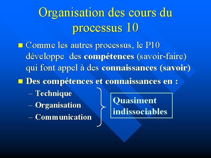 Organisation des cours du processus 10 Comme les autres processus, le P 10 développe