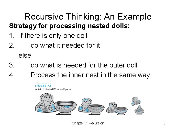 Recursive Thinking: An Example Strategy for processing nested dolls: 1. if there is only