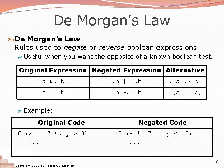 De Morgan's Law: Rules used to negate or reverse boolean expressions. Useful when you