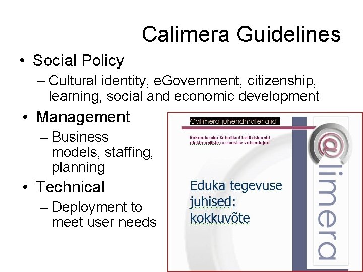 Calimera Guidelines • Social Policy – Cultural identity, e. Government, citizenship, learning, social and