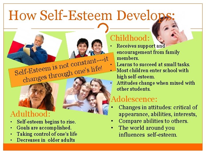 How Self-Esteem Develops: Childhood: • Receives support and encouragement from family members. t i
