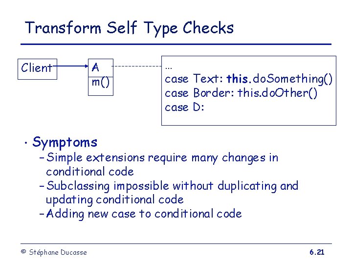 Transform Self Type Checks Client • A m() … case Text: this. do. Something()