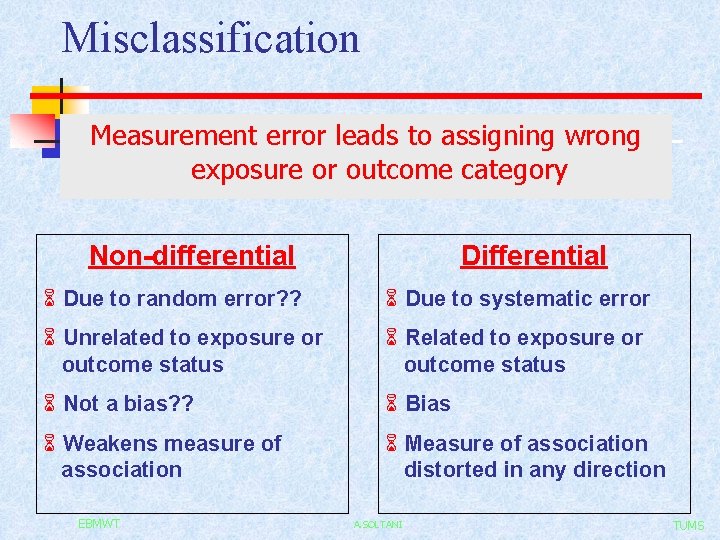 Misclassification Measurement error leads to assigning wrong exposure or outcome category Non-differential Differential 6