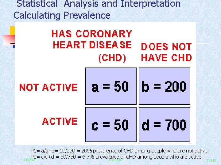 Statistical Analysis and Interpretation Calculating Prevalence P 1= a/a+b= 50/250 = 20% prevalence of