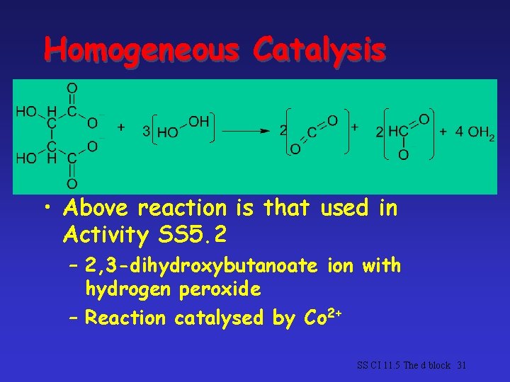Homogeneous Catalysis • Above reaction is that used in Activity SS 5. 2 –