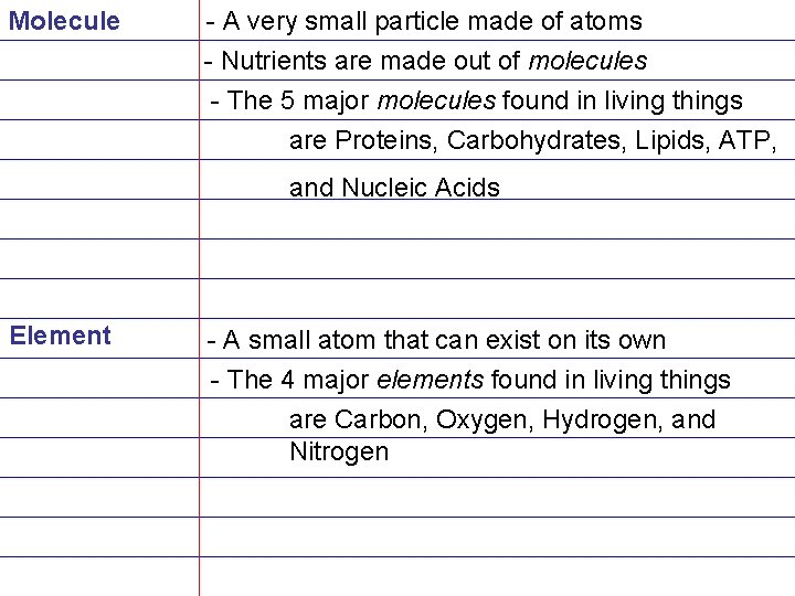 Molecule - A very small particle made of atoms - Nutrients are made out