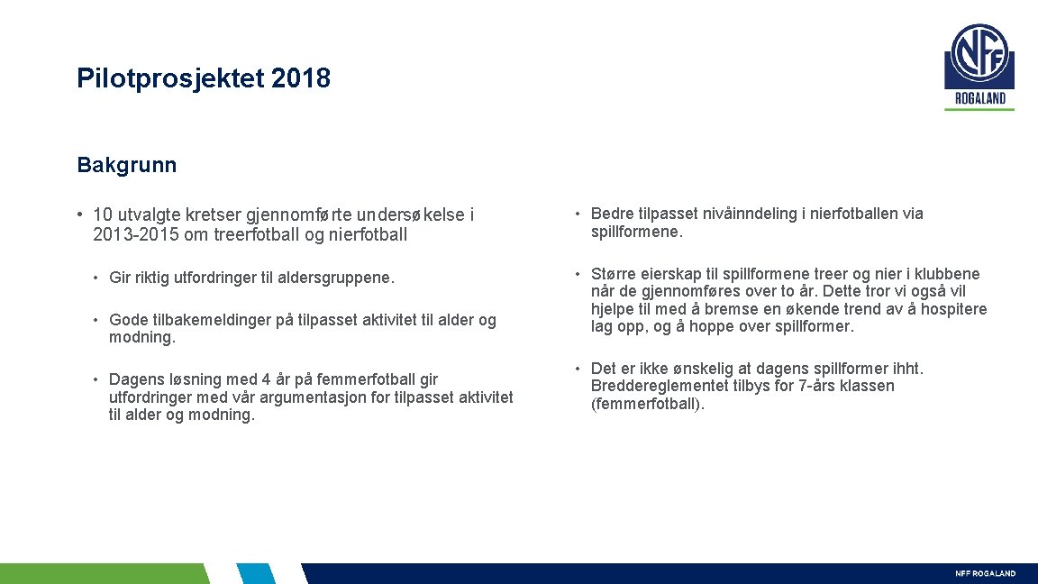 Pilotprosjektet 2018 Bakgrunn • 10 utvalgte kretser gjennomførte undersøkelse i 2013 -2015 om treerfotball