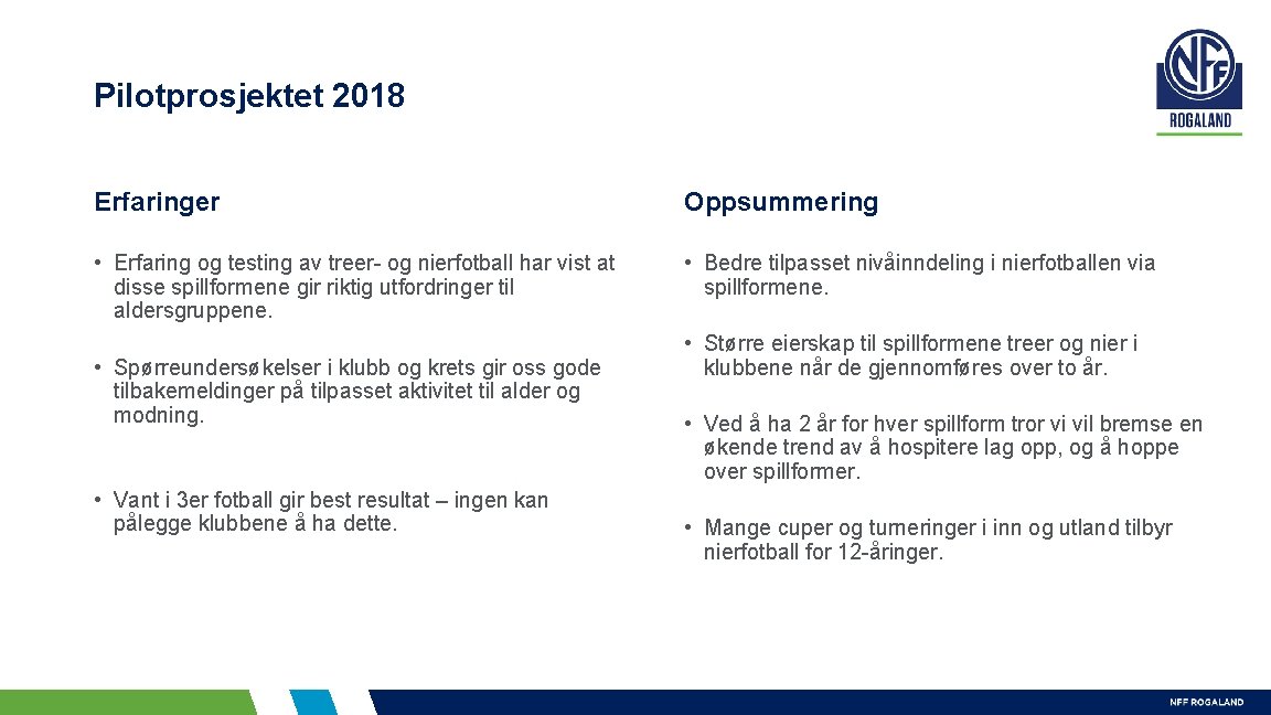 Pilotprosjektet 2018 Erfaringer Oppsummering • Erfaring og testing av treer- og nierfotball har vist