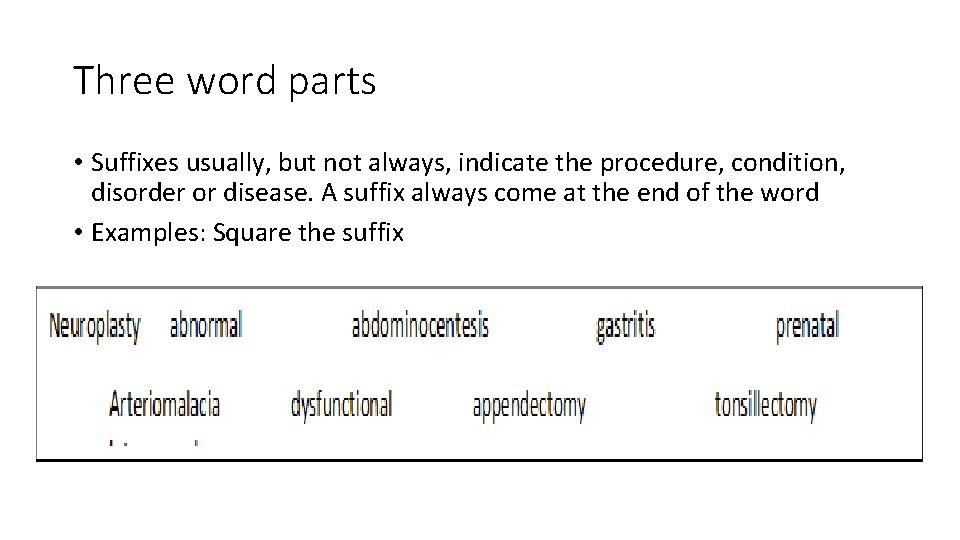 Three word parts • Suffixes usually, but not always, indicate the procedure, condition, disorder