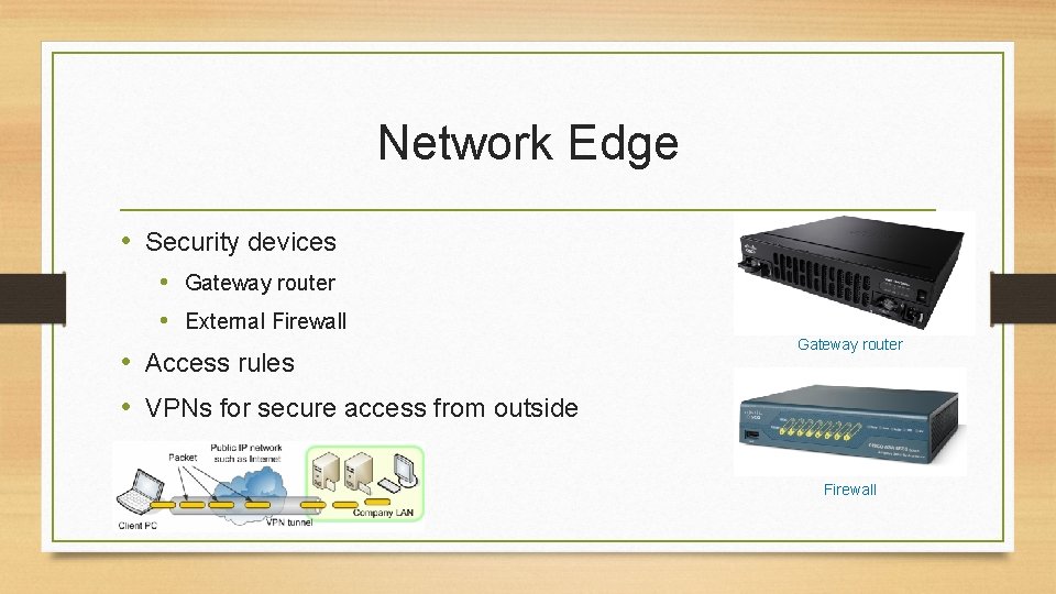 Network Edge • Security devices • Gateway router • External Firewall • Access rules