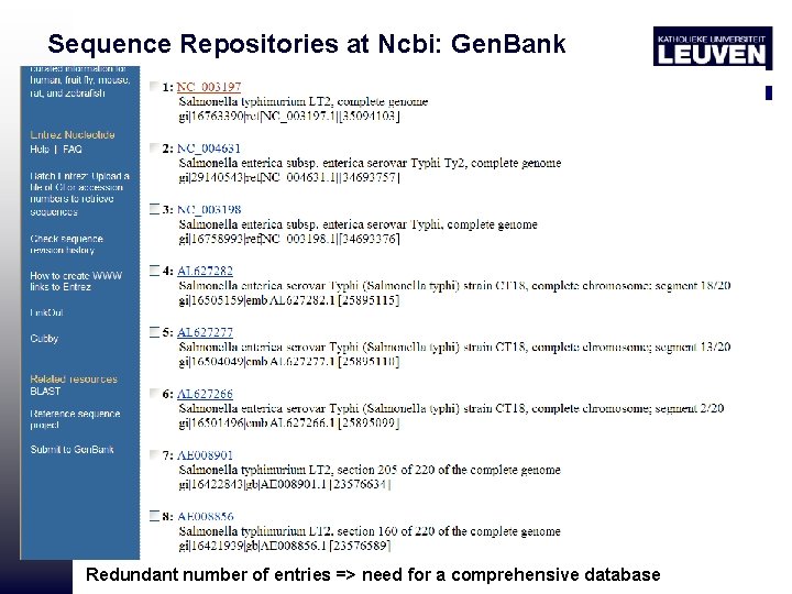 Sequence Repositories at Ncbi: Gen. Bank Redundant number of entries => need for a
