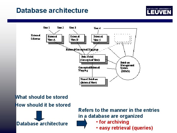 Database architecture What should be stored How should it be stored Database architecture Refers