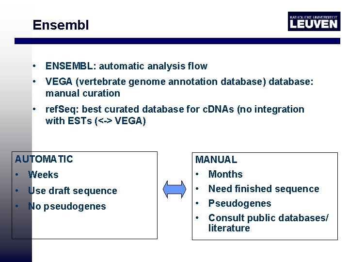 Ensembl • ENSEMBL: automatic analysis flow • VEGA (vertebrate genome annotation database) database: manual