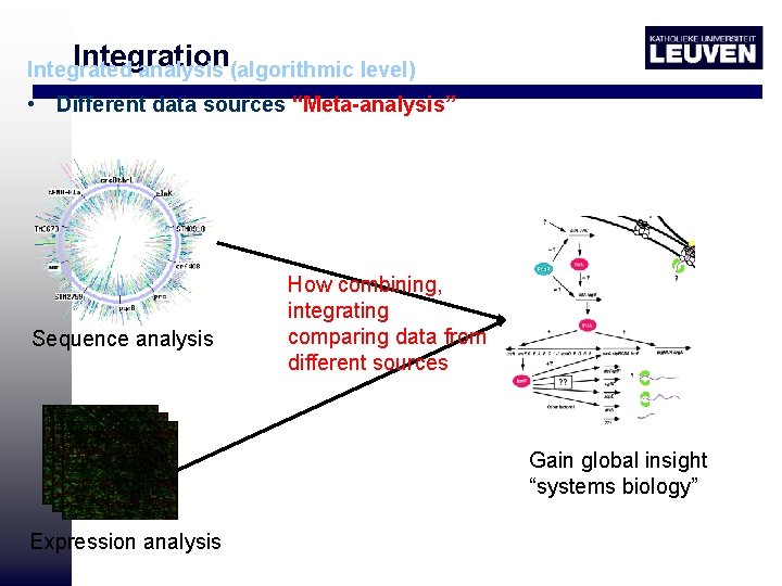 Integration Integrated analysis (algorithmic level) • Different data sources “Meta-analysis” Sequence analysis How combining,