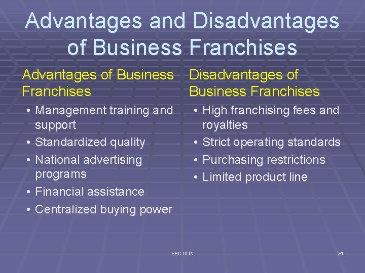 Advantages and Disadvantages of Business Franchises Advantages of Business Franchises • Management training and