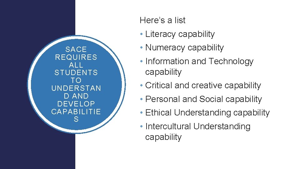 Here’s a list • Literacy capability SACE REQUIRES ALL STUDENTS TO UNDERSTAN D AND