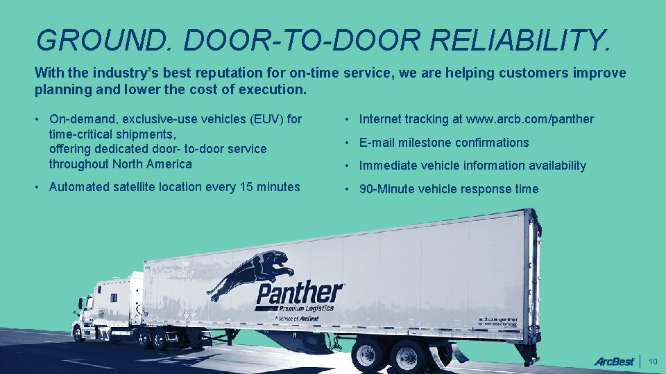 GROUND. DOOR-TO-DOOR RELIABILITY. With the industry’s best reputation for on-time service, we are helping