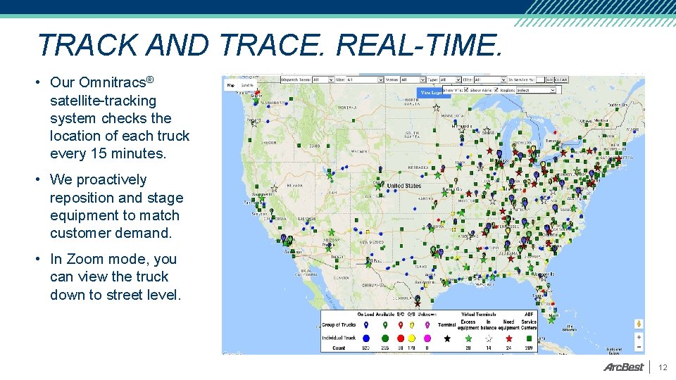 TRACK AND TRACE. REAL-TIME. • Our Omnitracs® satellite-tracking system checks the location of each