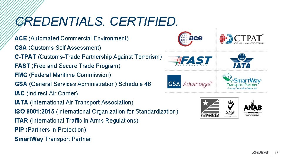CREDENTIALS. CERTIFIED. ACE (Automated Commercial Environment) CSA (Customs Self Assessment) C-TPAT (Customs-Trade Partnership Against
