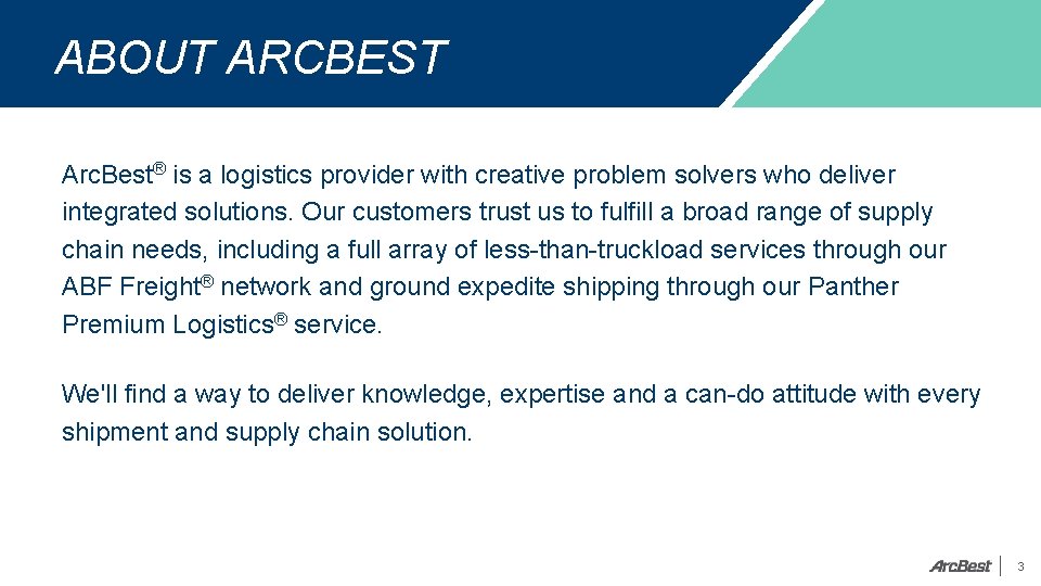 ABOUT ARCBEST Arc. Best® is a logistics provider with creative problem solvers who deliver