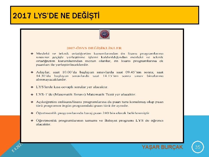 2017 LYS’DE NE DEĞİŞTİ 9 5. 1 02 2. YAŞAR BURÇAK 35 