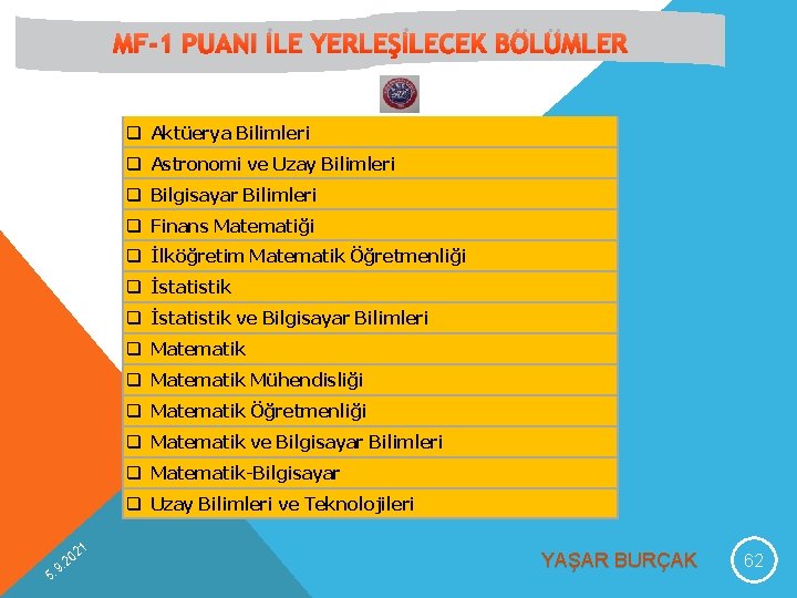 MF-1 PUANI İLE YERLEŞİLECEK BÖLÜMLER q Aktüerya Bilimleri q Astronomi ve Uzay Bilimleri q