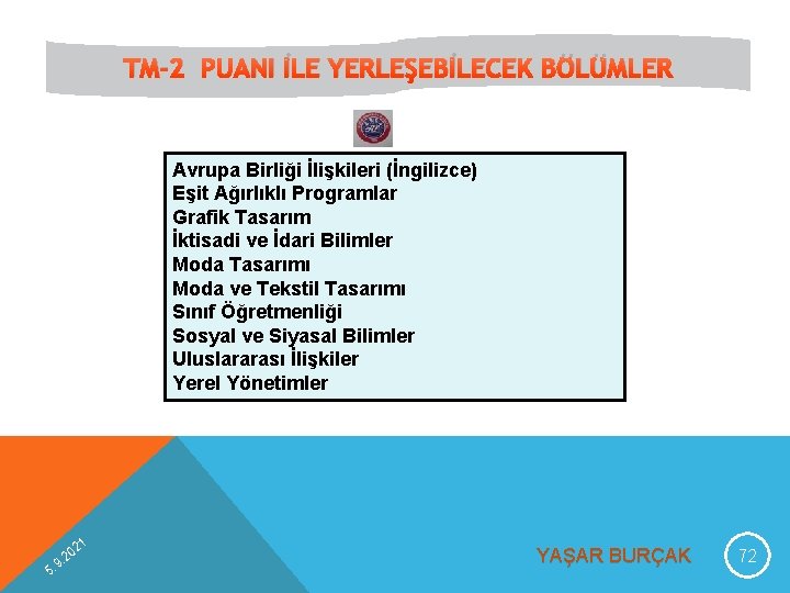 TM-2 PUANI İLE YERLEŞEBİLECEK BÖLÜMLER Avrupa Birliği İlişkileri (İngilizce) Eşit Ağırlıklı Programlar Grafik Tasarım