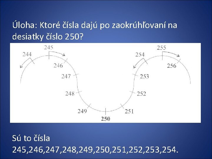Úloha: Ktoré čísla dajú po zaokrúhľovaní na desiatky číslo 250? Sú to čísla 245, Úloha: Ktoré čísla dajú po zaokrúhľovaní na desiatky číslo 250? Sú to čísla 245,