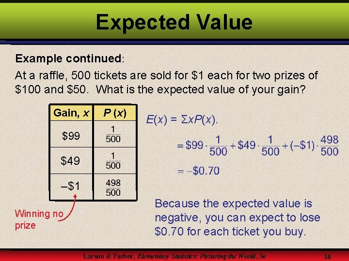 Expected Value Example continued: At a raffle, 500 tickets are sold for $1 each