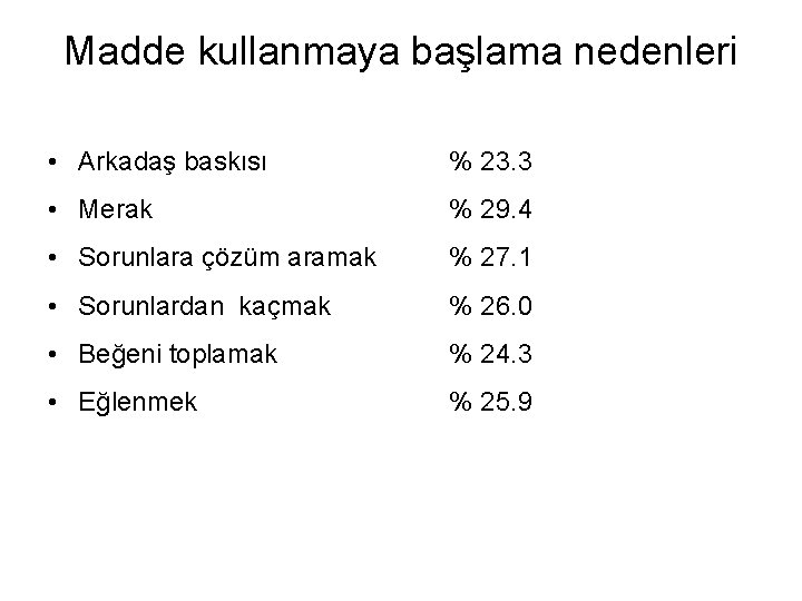 Madde kullanmaya başlama nedenleri • Arkadaş baskısı % 23. 3 • Merak % 29.