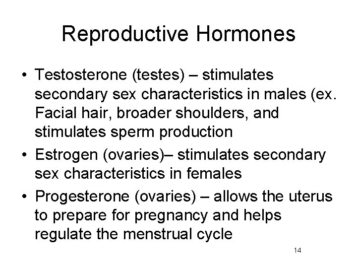 Reproductive Hormones • Testosterone (testes) – stimulates secondary sex characteristics in males (ex. Facial