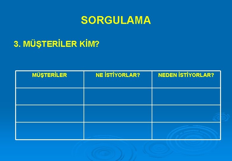 SORGULAMA 3. MÜŞTERİLER KİM? MÜŞTERİLER NE İSTİYORLAR? NEDEN İSTİYORLAR? 