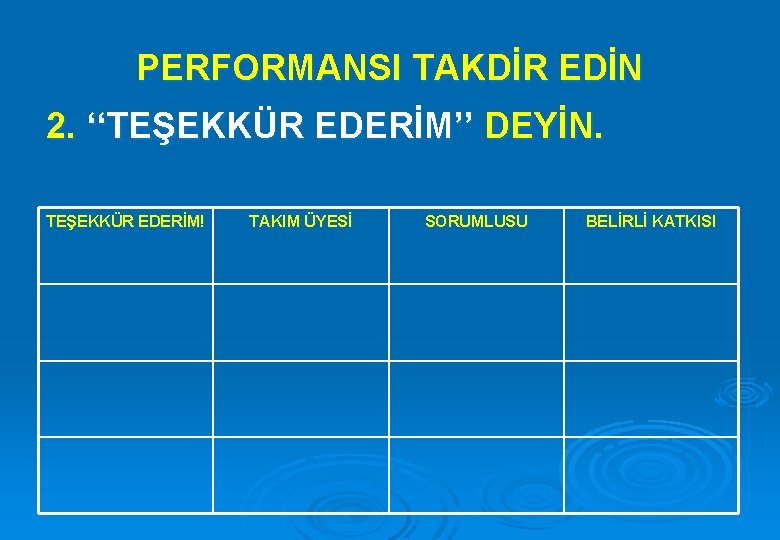 PERFORMANSI TAKDİR EDİN 2. ‘‘TEŞEKKÜR EDERİM’’ DEYİN. TEŞEKKÜR EDERİM! TAKIM ÜYESİ SORUMLUSU BELİRLİ KATKISI