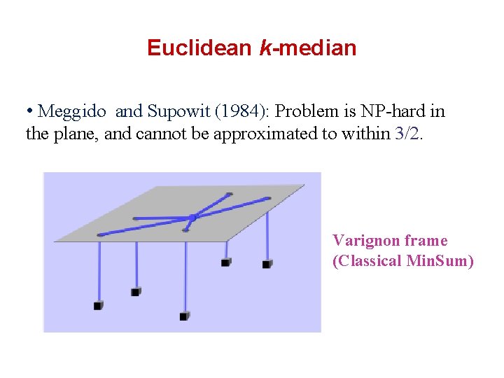 Euclidean k-median • Meggido and Supowit (1984): Problem is NP-hard in the plane, and