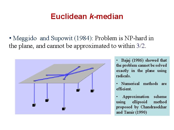 Euclidean k-median • Meggido and Supowit (1984): Problem is NP-hard in the plane, and