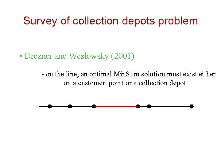 Survey of collection depots problem • Drezner and Weslowsky (2001) - on the line,