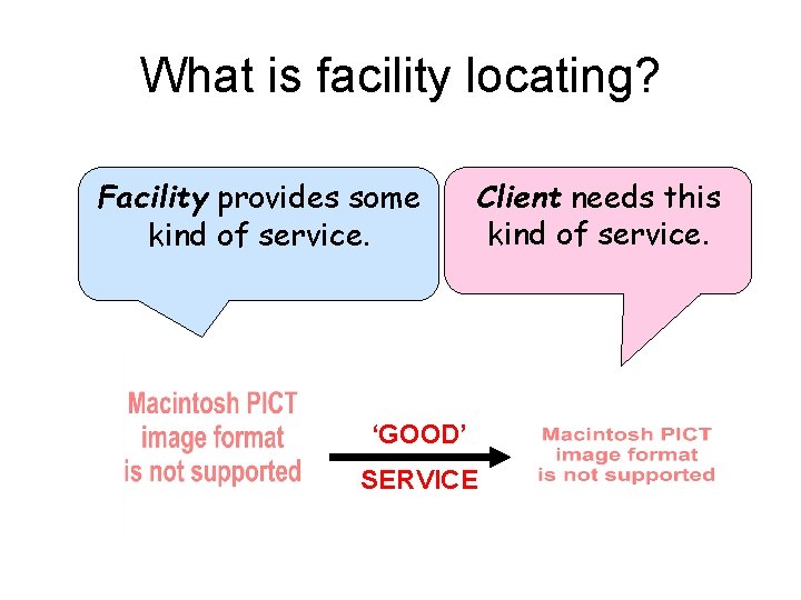 What is facility locating? Facility provides some kind of service. Client needs this kind