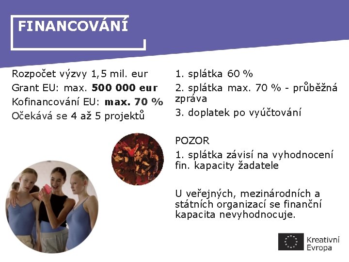 FINANCOVÁNÍ Rozpočet výzvy 1, 5 mil. eur Grant EU: max. 500 000 eur Kofinancování