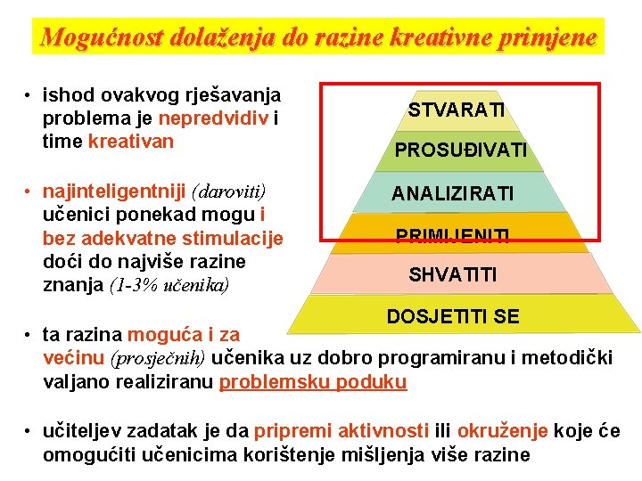 Mogućnost dolaženja do razine kreativne primjene • ishod ovakvog rješavanja problema je nepredvidiv i