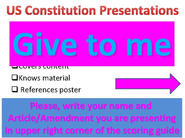 US Constitution Presentations Give to me Presentation q 1 minute q. Professional/confident q. Covers