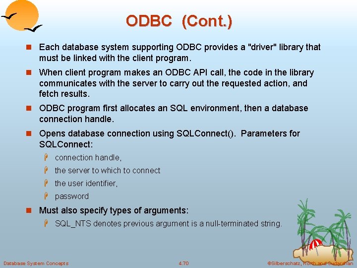 ODBC (Cont. ) n Each database system supporting ODBC provides a "driver" library that