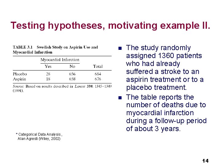 Testing hypotheses, motivating example II. n n * Categorical Data Analysis , Alan Agresti