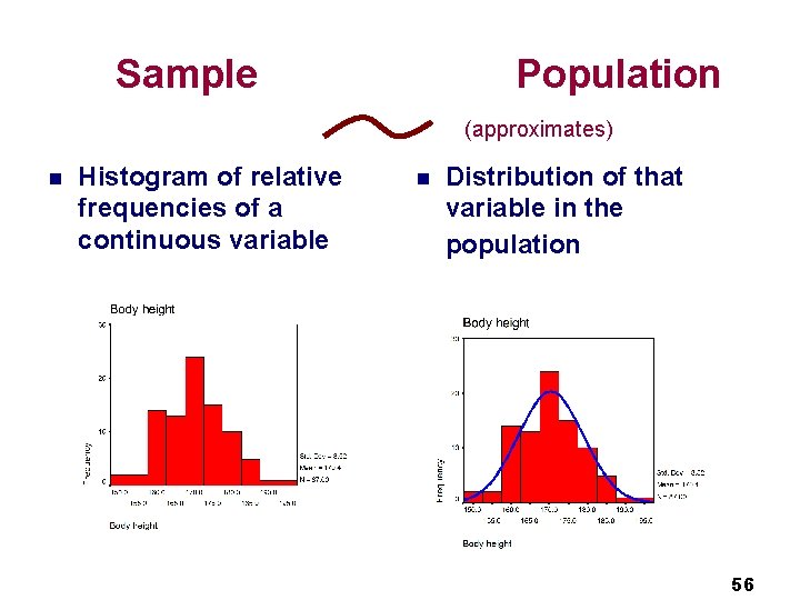 Sample Population (approximates) n Histogram of relative frequencies of a continuous variable n Distribution