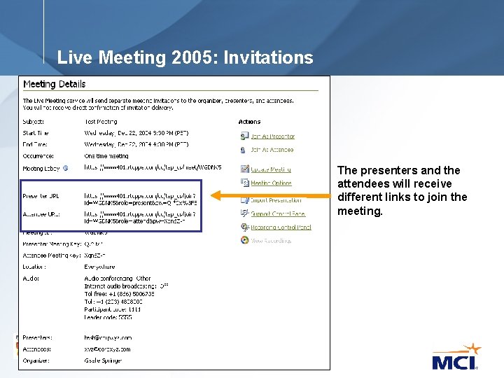 Live Meeting 2005: Invitations The presenters and the attendees will receive different links to