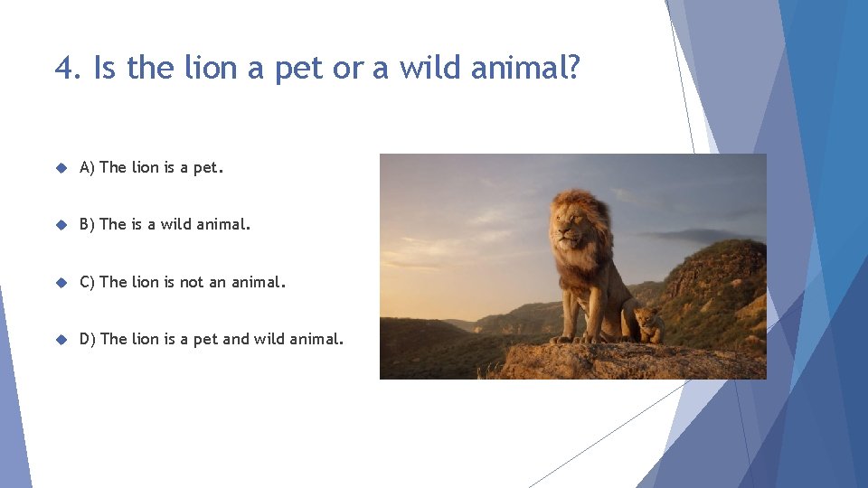 4. Is the lion a pet or a wild animal? A) The lion is