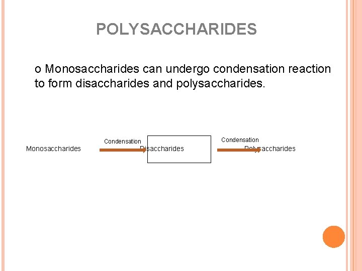 POLYSACCHARIDES o Monosaccharides can undergo condensation reaction to form disaccharides and polysaccharides. Monosaccharides Condensation