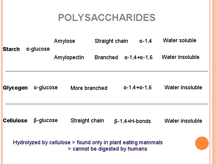 POLYSACCHARIDES Starch Amylose Straight chain Amylopectin Branched Water soluble α-1, 4 α-glucose Glycogen α-glucose