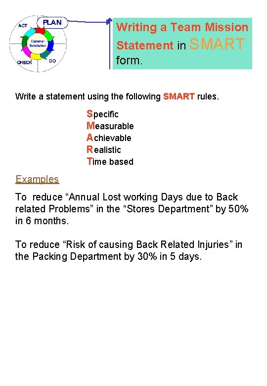 Writing a Team Mission Statement in SMART form. Write a statement using the following