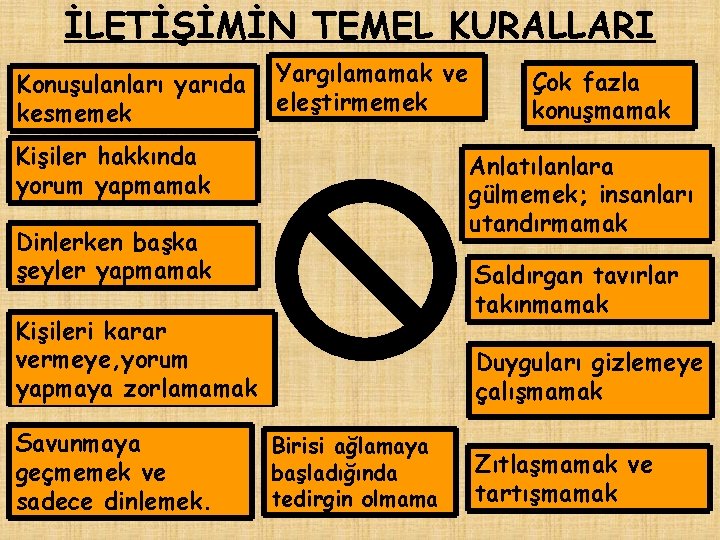 İLETİŞİMİN TEMEL KURALLARI Konuşulanları yarıda kesmemek Yargılamamak ve eleştirmemek Kişiler hakkında yorum yapmamak Anlatılanlara